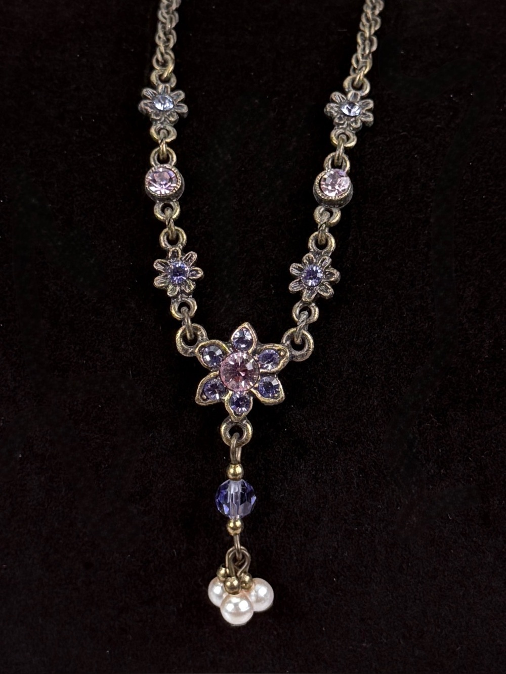 Vintage Floral Rhinestone Necklace Purple Pink Faux Pearl Dangle